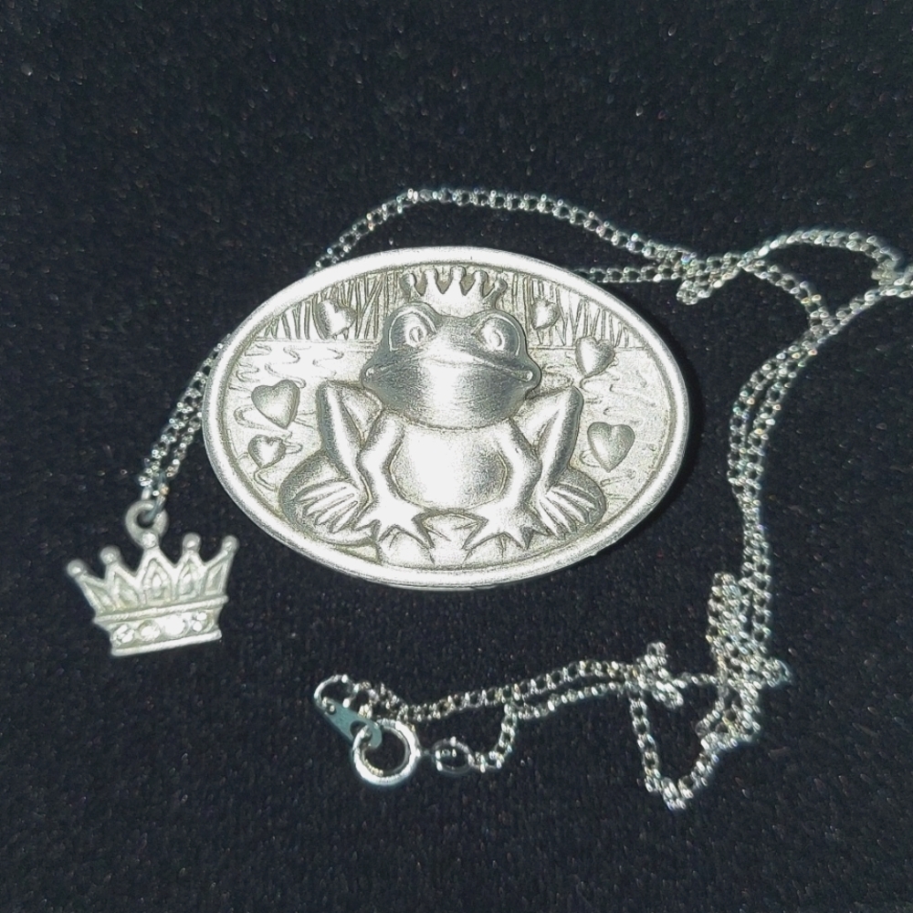 Vintage Pewter Frog Prince Brooch, earrings, necklace, trinket box